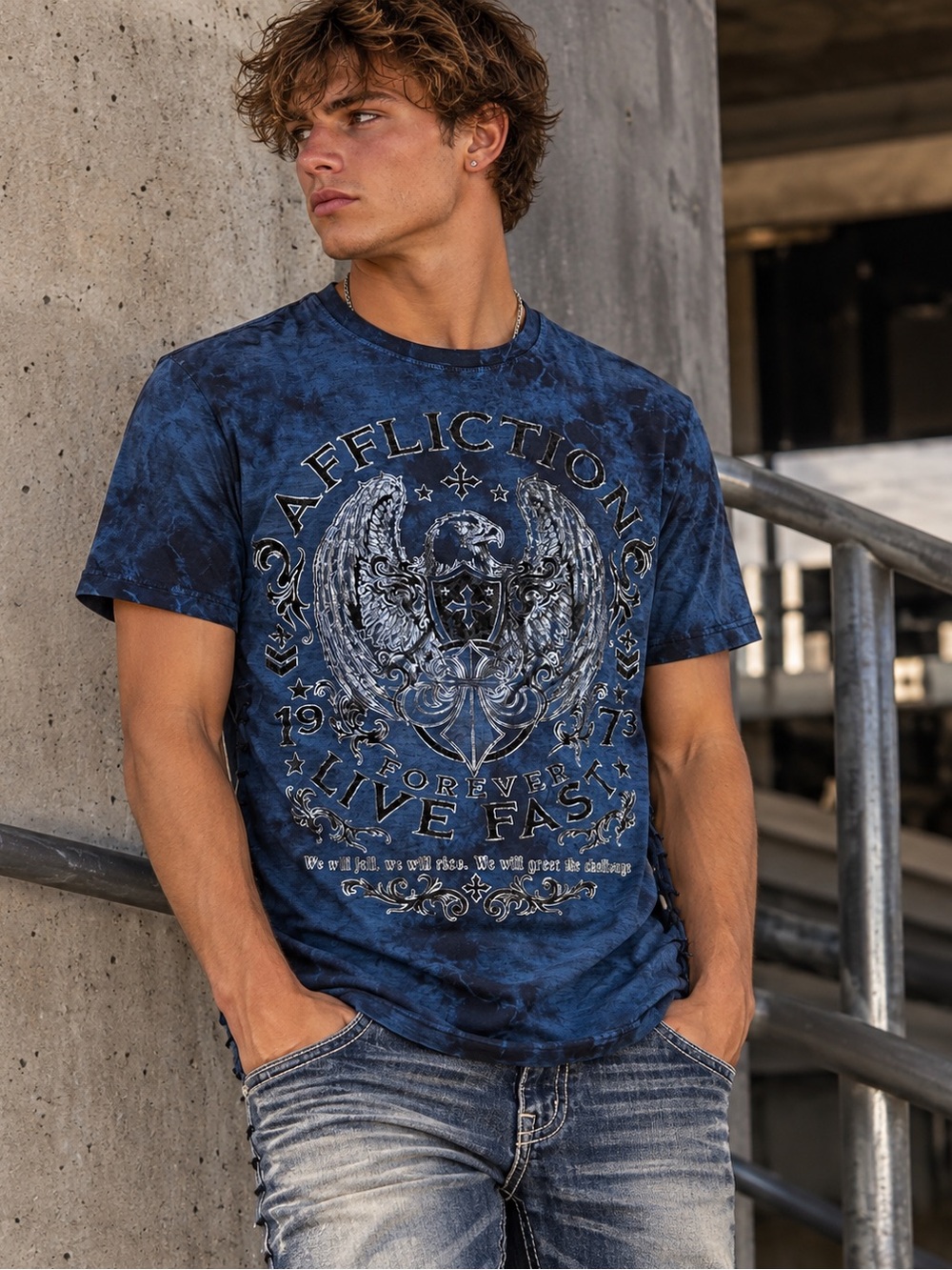 Affliction Men's Navy Blue Tie-Dye Graphic Tee with Crest